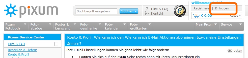 Einloggen bei Pixum